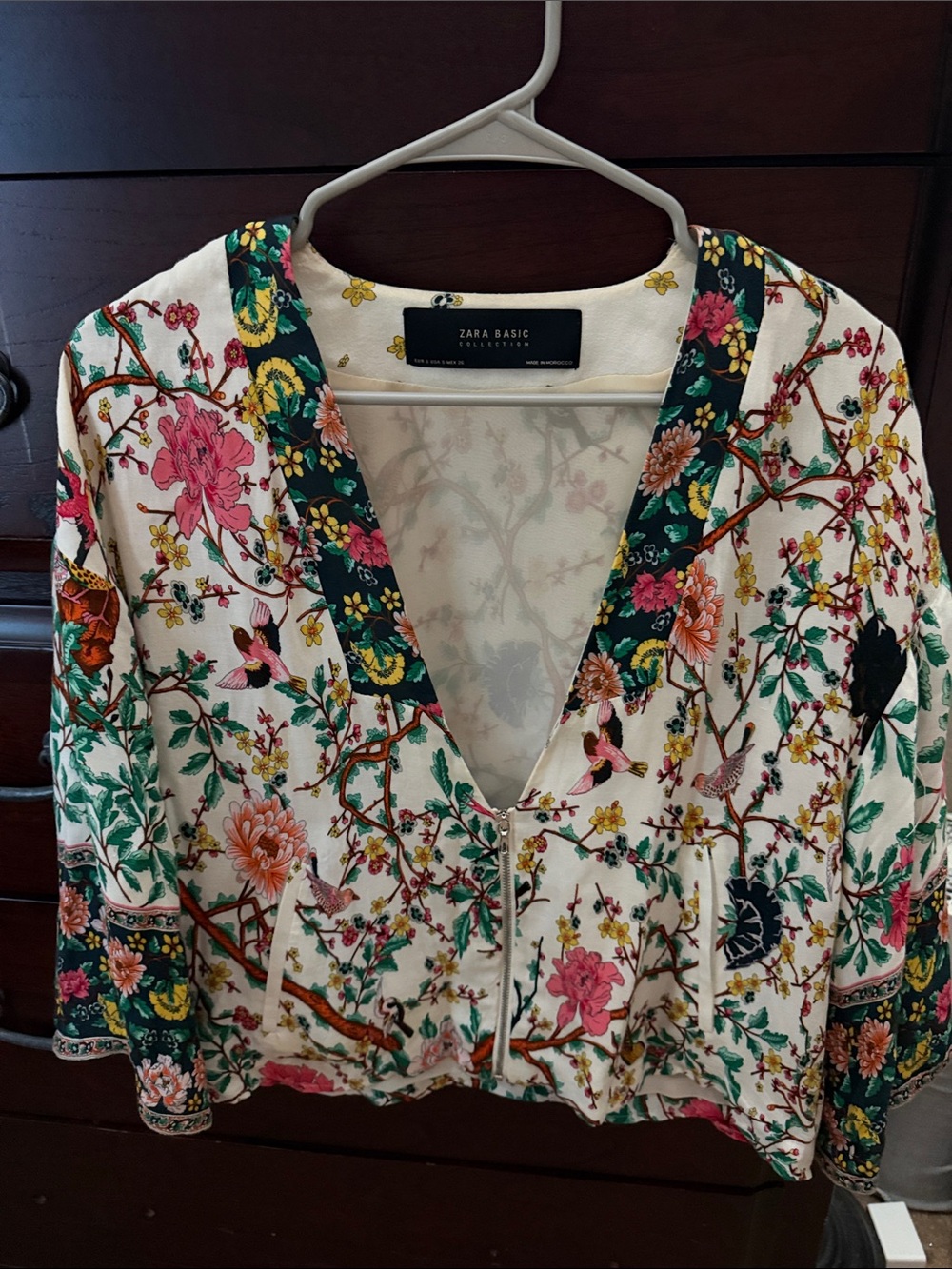 Zara Floral V-Neck Button Front Blouse — White with Pink & Green